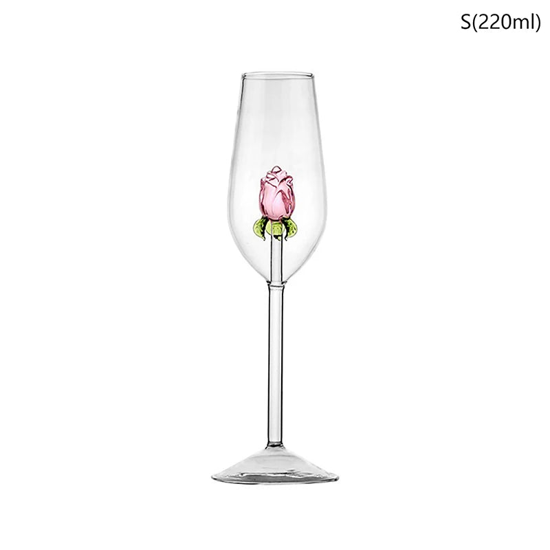 1 Piece Creative 3D Pink Glass Rose Build-in Red White Wine, Glasses, Cup Stemware Goblets, Champagne Flute, Household Lovely Gift