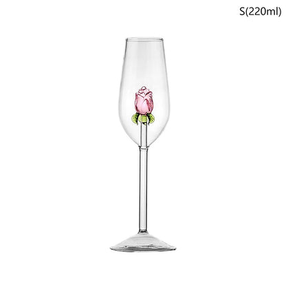 1 Piece Creative 3D Pink Glass Rose Build-in Red White Wine, Glasses, Cup Stemware Goblets, Champagne Flute, Household Lovely Gift