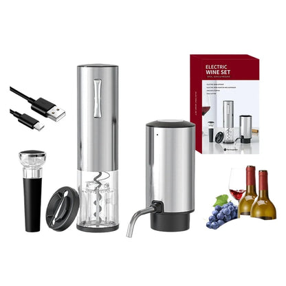 4-in-1 electric wine opener set with  foil cutter, electric opener, wine aerator and dispenser, USB charging cable, packaging, wine glass and wine bottles