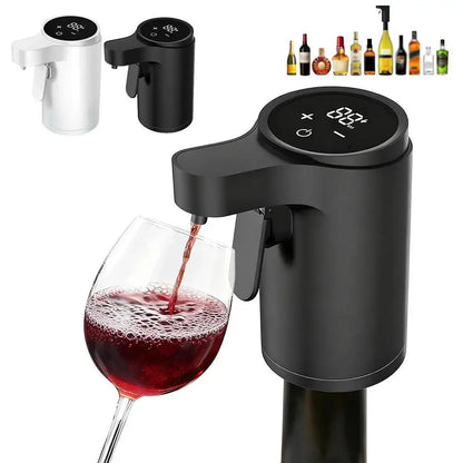 Black wine pump pouring red wine into a glass with bottles in the background