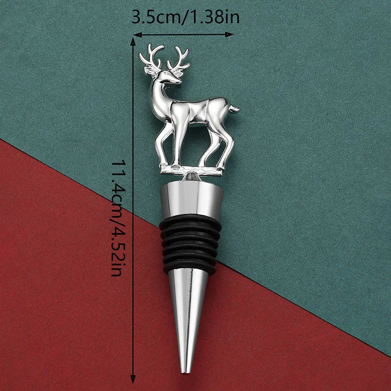 Deer-shaped bottle stopper with measurements on a green and red background