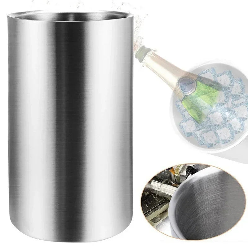 Stainless steel wine cooler with close-up rim detail and Champagne bottle shown inside on white background