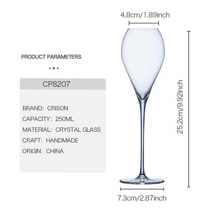 CRISON crystal wine glass on white background with product dimensions and specifications, showcasing elegant stemware and glassware details