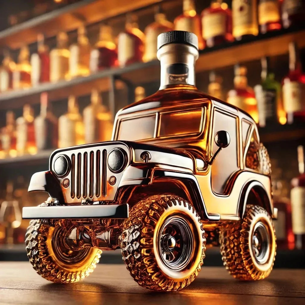 Whiskey bottle shaped like a Jeep in a bar setting