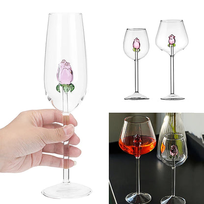 1 Piece Creative 3D Pink Glass Rose Build-in Red White Wine, Glasses, Cup Stemware Goblets, Champagne Flute, Household Lovely Gift