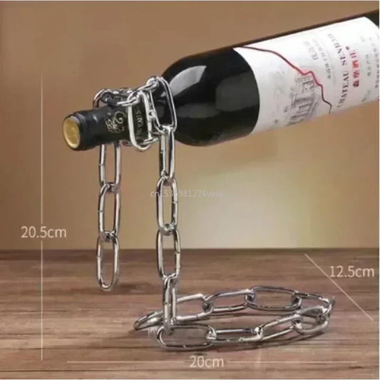 Wine bottle held by a chain on a wooden surface with measurements shown.