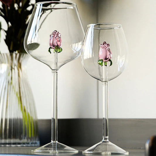 1 Piece Creative 3D Pink Glass Rose Build-in Red White Wine, Glasses, Cup Stemware Goblets, Champagne Flute, Household Lovely Gift