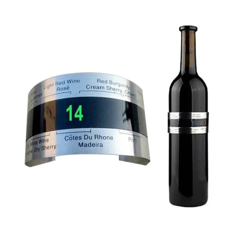 Wine bottle with a digital temperature display and label on a white background