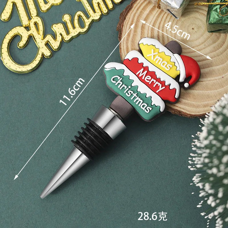 Christmas-themed bottle stopper with measurements on a green background