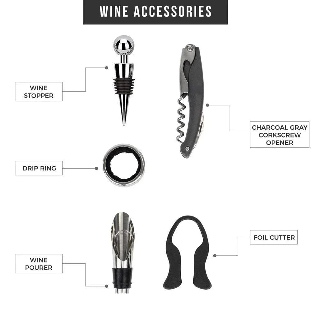 Wine accessories including a wine stopper, corkscrew opener, drip ring, wine pourer, and foil cutter on a white background.