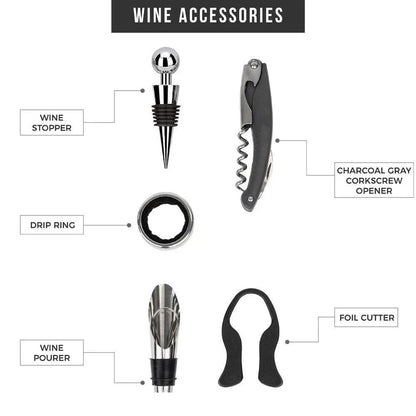 Wine accessories including a wine stopper, corkscrew opener, drip ring, wine pourer, and foil cutter on a white background.