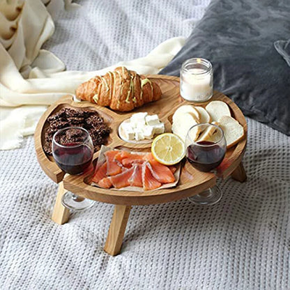 Wooden Folding Picnic Table Outdoor Portable Holder Round Foldable Desk Wine Glass Rack Collapsible Table For Garden Party