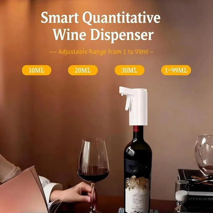 Smart quantitative wine dispenser with a bottle and glass on a table.