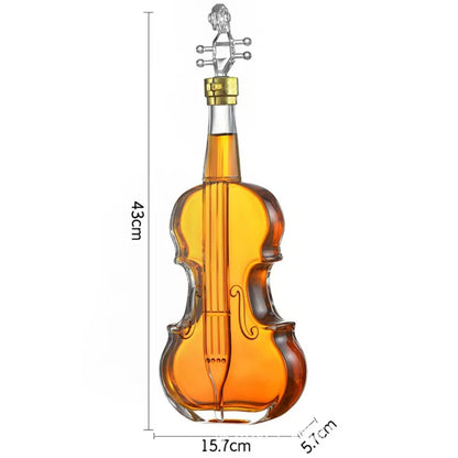 Decanter shaped like a violin with measurements on a white background