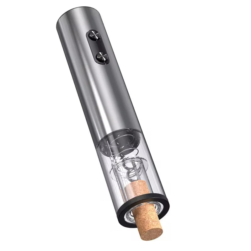 Electric wine opener shown from the side with corkscrew partially inserted into a wine cork