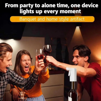 People toasting with wine glasses in a dimly lit room, with text about a device lighting up moments and dispenser on wine bottle