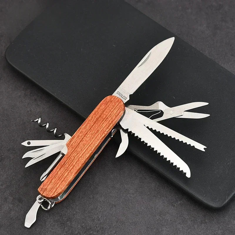 Multitool with wooden handle and various tools on a black background