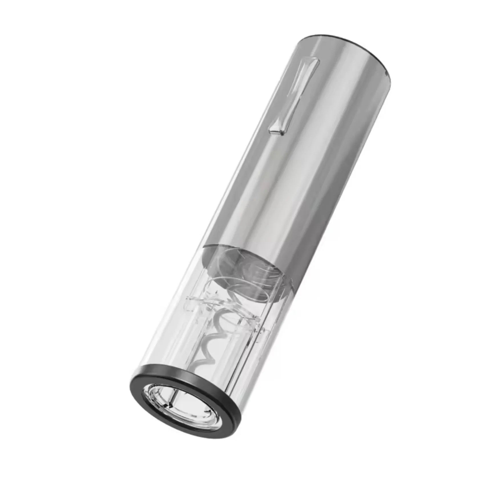 Corkscrew with clear cylindrical body and metallic top on a white background