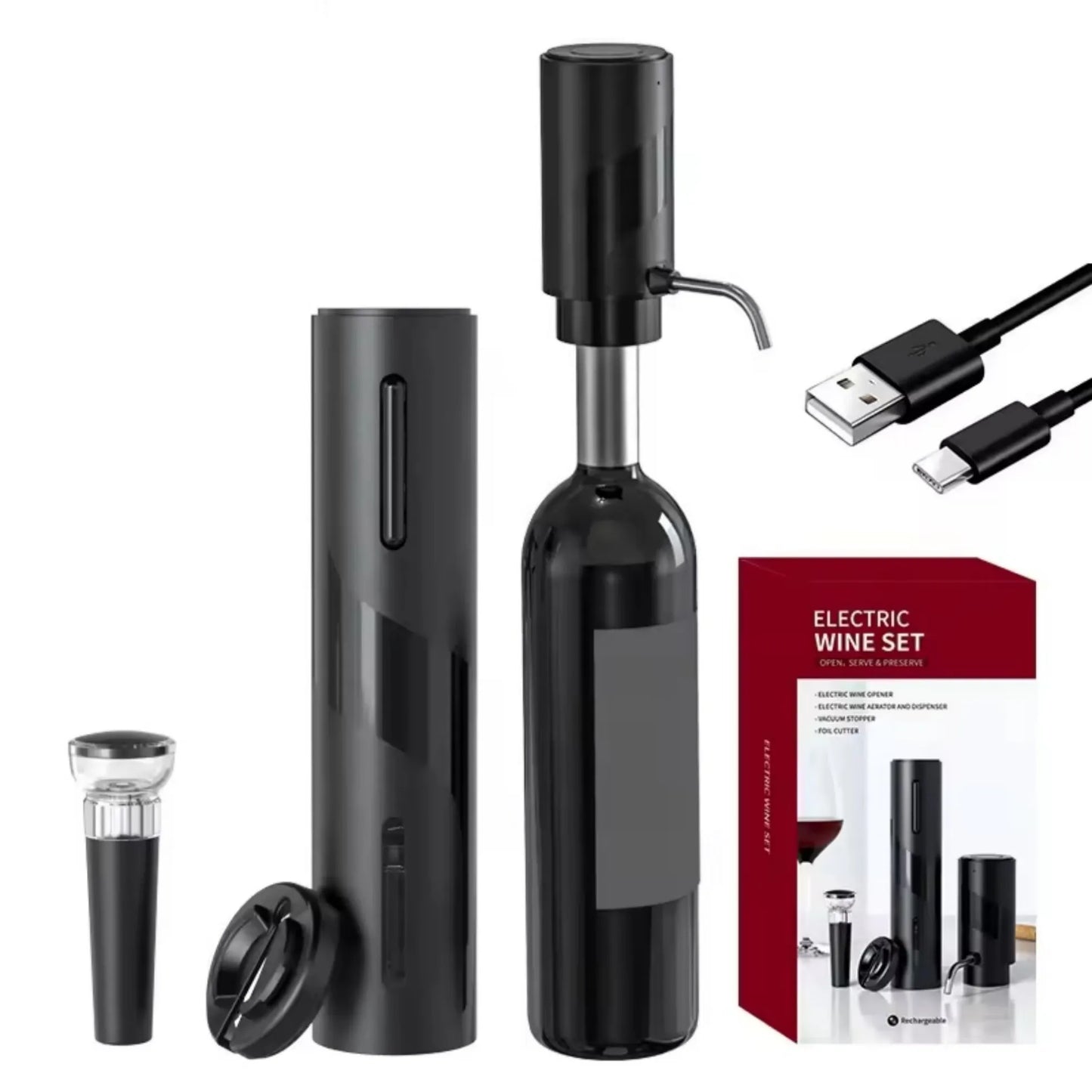 Electric wine opener set with bottle, cork, USB cable, and packaging on a white background