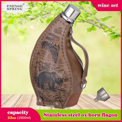 53oz Stainless Steel Horns Hip Flask, Portable Leather Case, Ox Horn Flagon With funnel high-capacity, Wine jug