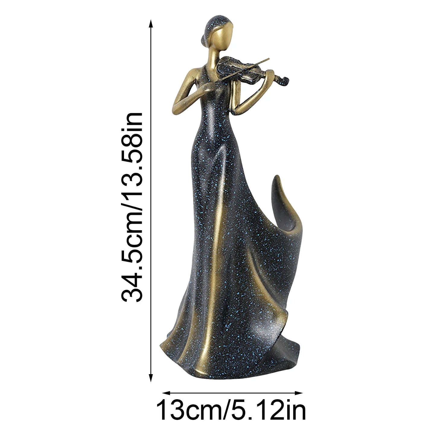 A decorative figurine of a woman in a long glittery dark gown playing a violin, shown on a white background with dimension labels indicating 34.5 cm height and 13 cm width.
