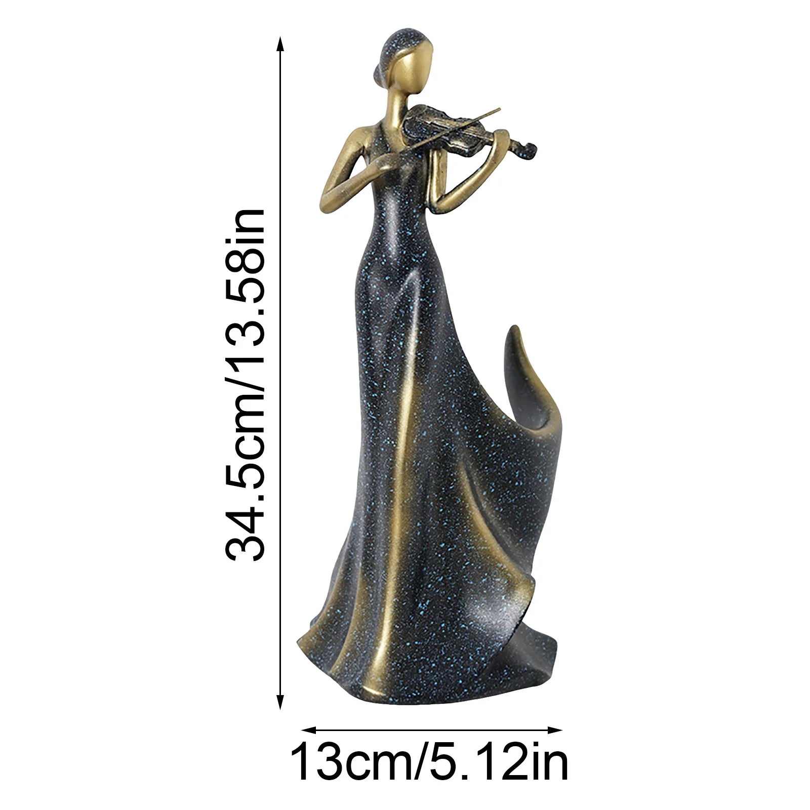 A decorative figurine of a woman in a long glittery dark gown playing a violin, shown on a white background with dimension labels indicating 34.5 cm height and 13 cm width.