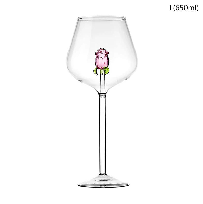 1 Piece Creative 3D Pink Glass Rose Build-in Red White Wine, Glasses, Cup Stemware Goblets, Champagne Flute, Household Lovely Gift