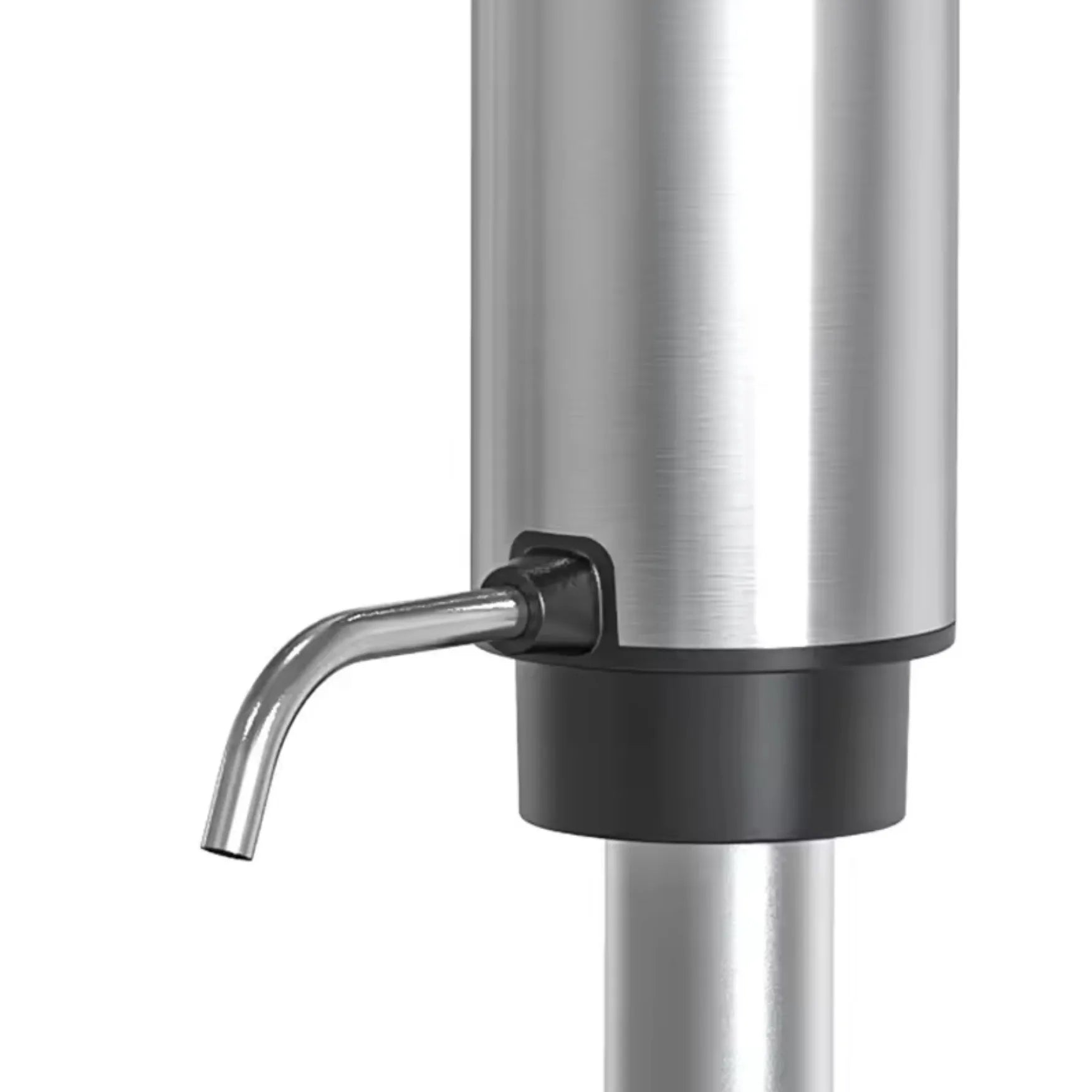Stainless steel dispenser with black base and silver spout on a white background