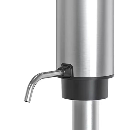 Stainless steel dispenser with black base and silver spout on a white background