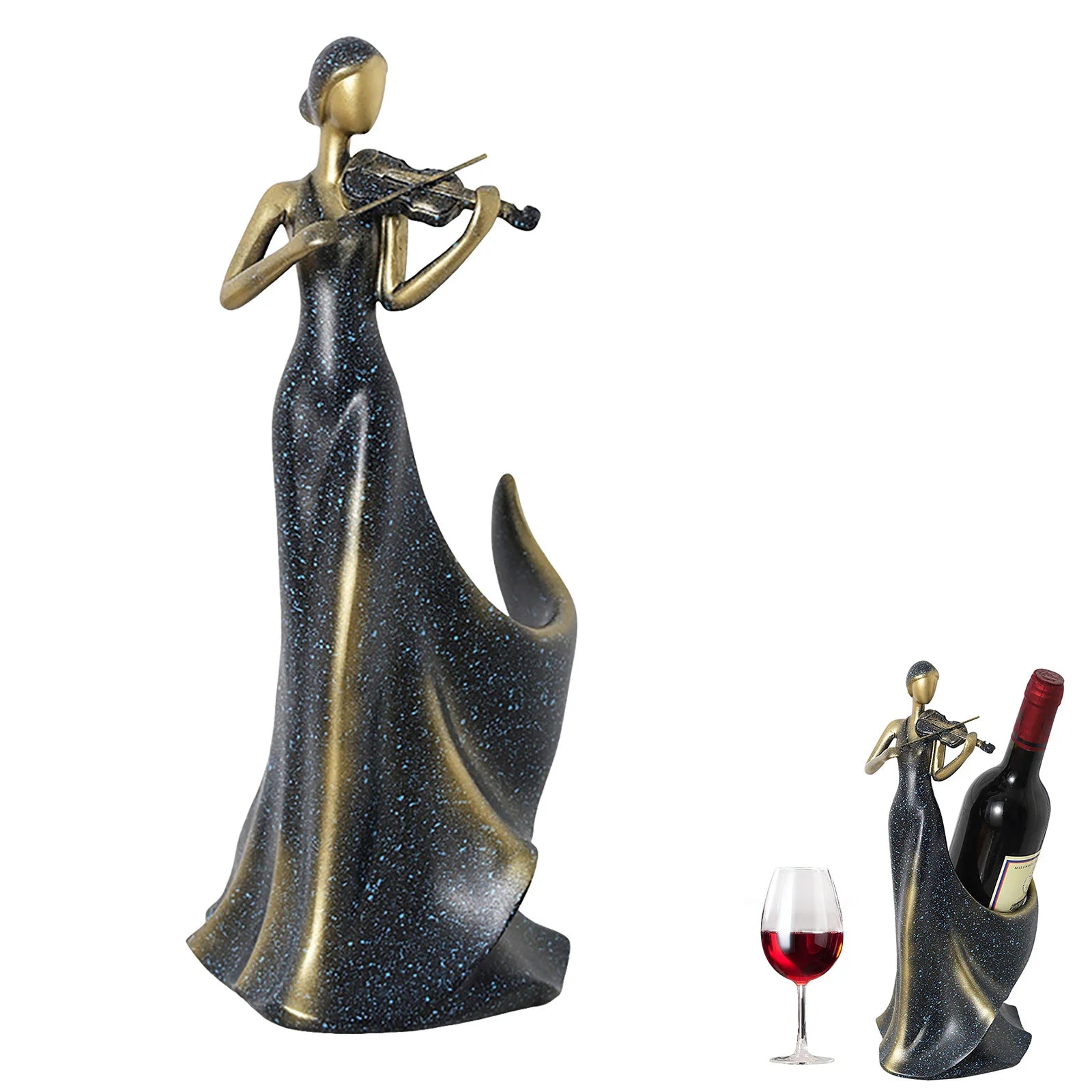 A decorative figurine of a woman in a flowing gown playing a violin, shown in two sizes on a white background. The gown is dark blue with gold speckling and metallic gold trim, paired with a gold head and arms.

