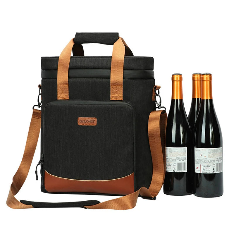 A black and brown wine cooling bag with a shoulder strap, displayed alongside three bottles of wine.