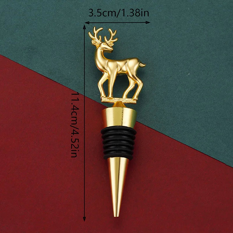 Gold deer-shaped bottle stopper with measurements on a green and red background