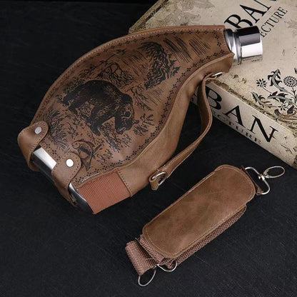 53oz Stainless Steel Horns Hip Flask, Portable Leather Case, Ox Horn Flagon With funnel high-capacity, Wine jug