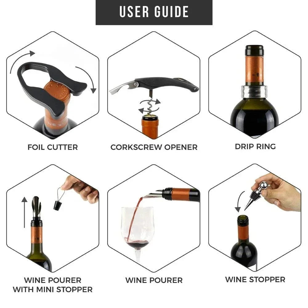 “Step-by-step usage guide for wine opener and pourer tools”

