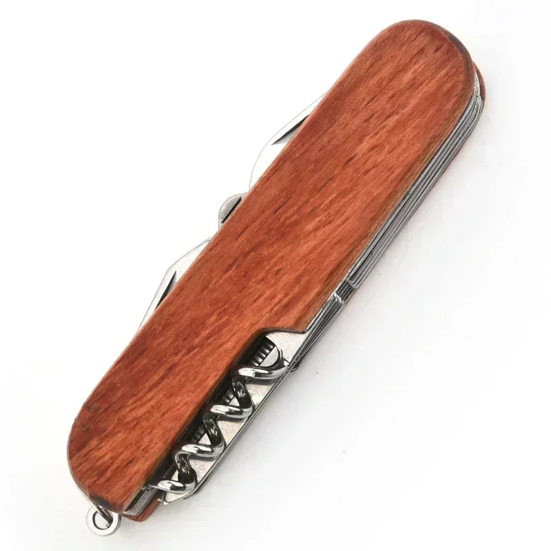 Wooden multi-tool with metal components on a white background
