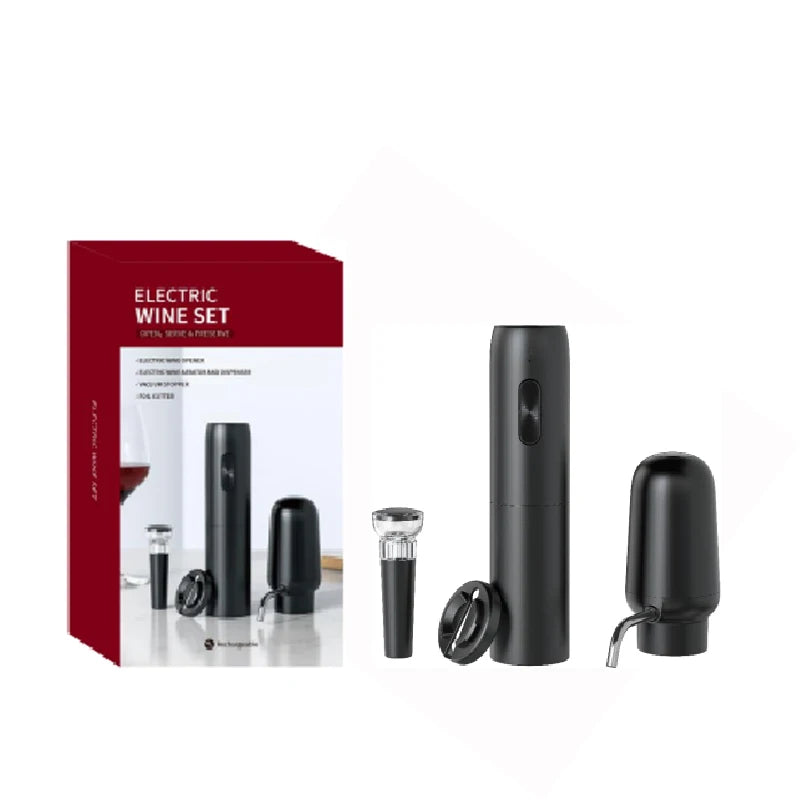 Electric wine set with black wine opener, bottle stopper, and packaging on a white background