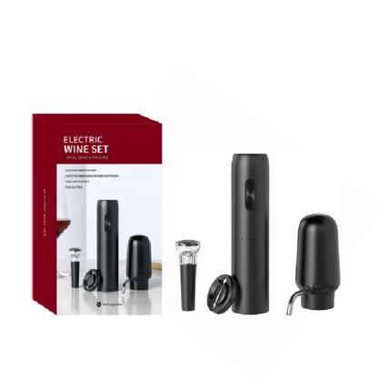 Electric wine set with black wine opener, bottle stopper, and packaging on a white background