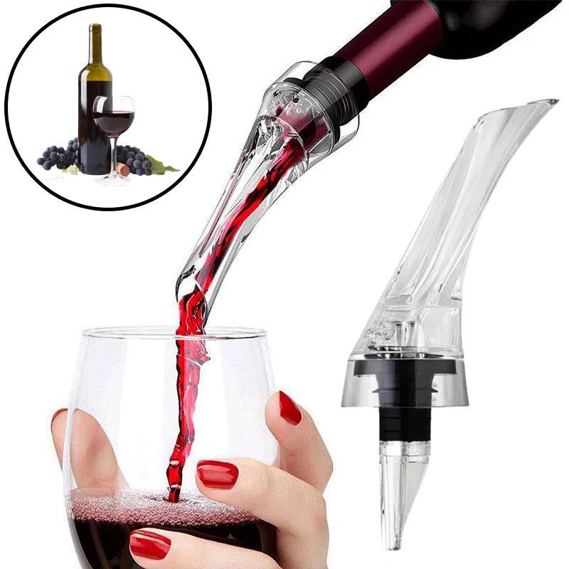 Wine aerator pouring red wine into a glass with a close-up inset of a bottle and grapes.