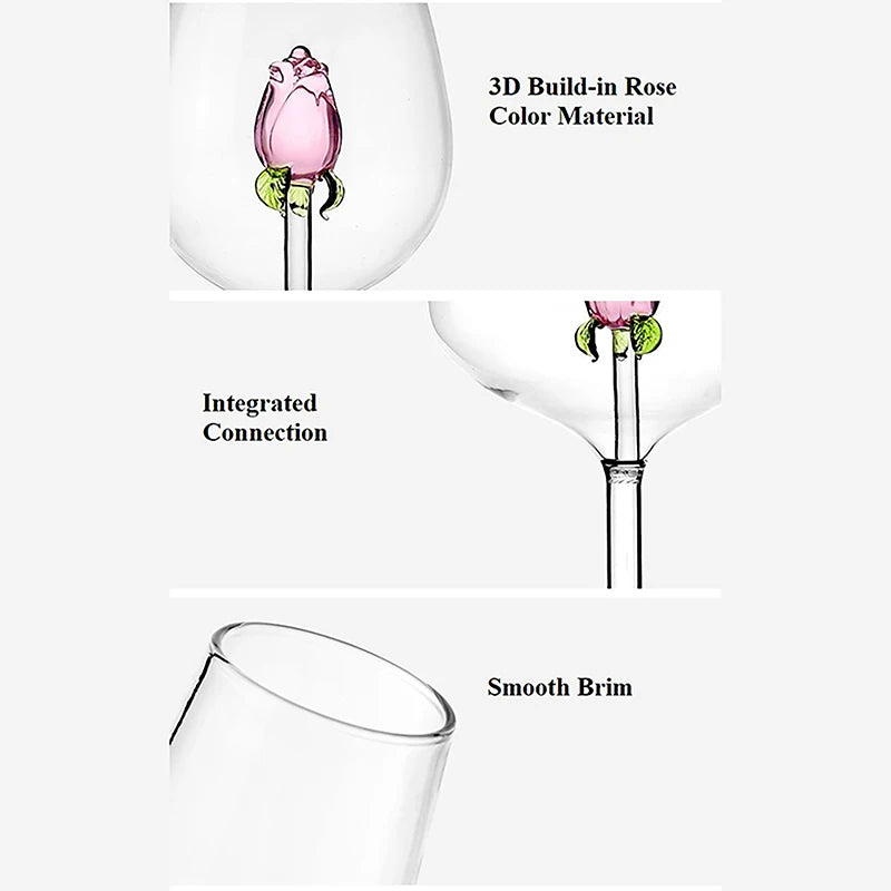 1 Piece Creative 3D Pink Glass Rose Build-in Red White Wine, Glasses, Cup Stemware Goblets, Champagne Flute, Household Lovely Gift