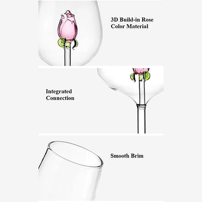 1 Piece Creative 3D Pink Glass Rose Build-in Red White Wine, Glasses, Cup Stemware Goblets, Champagne Flute, Household Lovely Gift