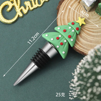 Christmas tree-shaped bottle stopper with measurements on a green background