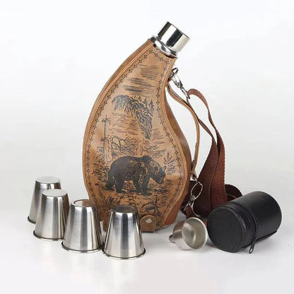 53oz Stainless Steel Horns Hip Flask, Portable Leather Case, Ox Horn Flagon With funnel high-capacity, Wine jug