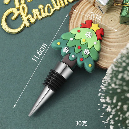 Christmas tree-shaped bottle stopper with measurements on a green background