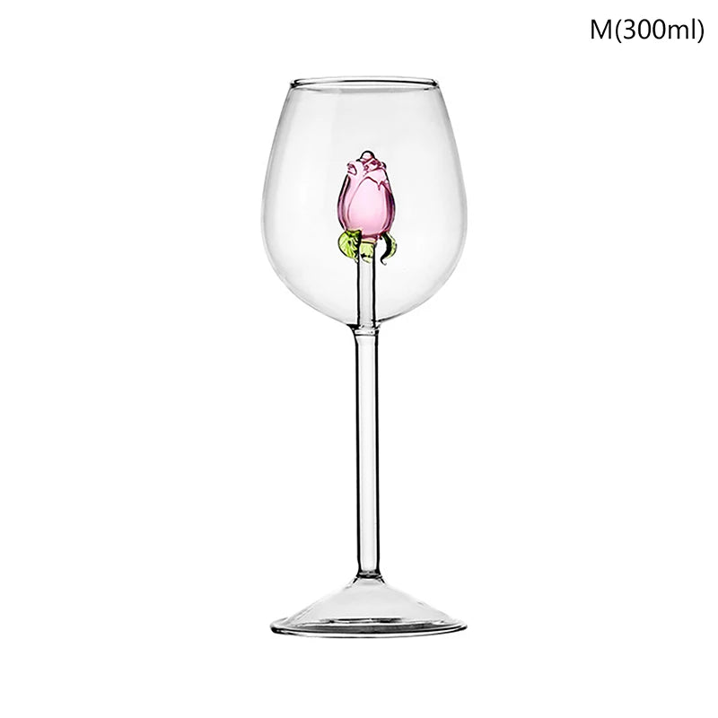 1 Piece Creative 3D Pink Glass Rose Build-in Red White Wine, Glasses, Cup Stemware Goblets, Champagne Flute, Household Lovely Gift