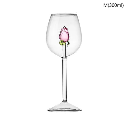 1 Piece Creative 3D Pink Glass Rose Build-in Red White Wine, Glasses, Cup Stemware Goblets, Champagne Flute, Household Lovely Gift