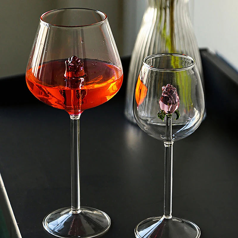 1 Piece Creative 3D Pink Glass Rose Build-in Red White Wine, Glasses, Cup Stemware Goblets, Champagne Flute, Household Lovely Gift