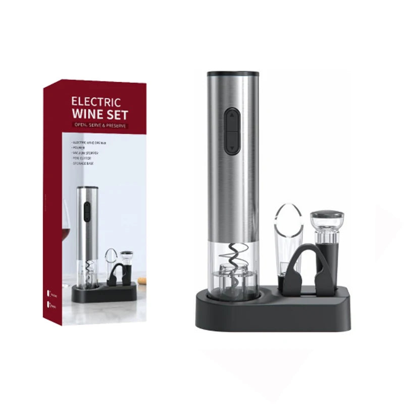 4-in-1 electric wine opener set with aerator, vacuum preserver, foil cutter and holder, with gift packaging on a white background