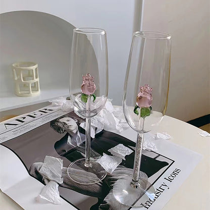 1 Piece Creative 3D Pink Glass Rose Build-in Red White Wine, Glasses, Cup Stemware Goblets, Champagne Flute, Household Lovely Gift