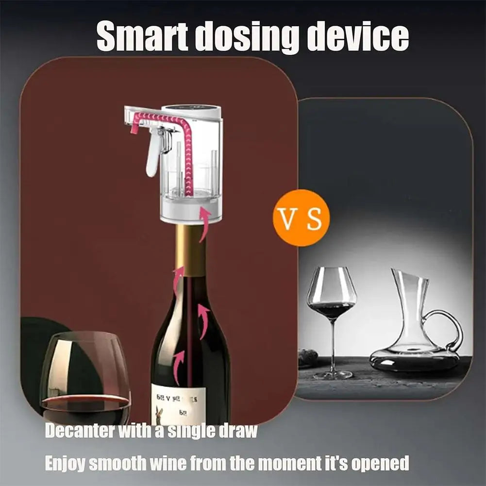 Smart dosing device for wine bottles with decanter and glasses on a dark background and showing aeration 