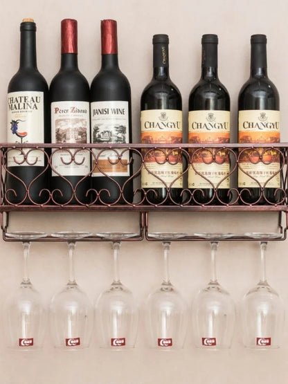 Wall-Mounted Wine Rack with Glass Holder – Rustic Metal Bottle Shelf for Home Bar & Kitchen Décor